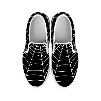 Black And White Cobweb Print White Slip On Shoes