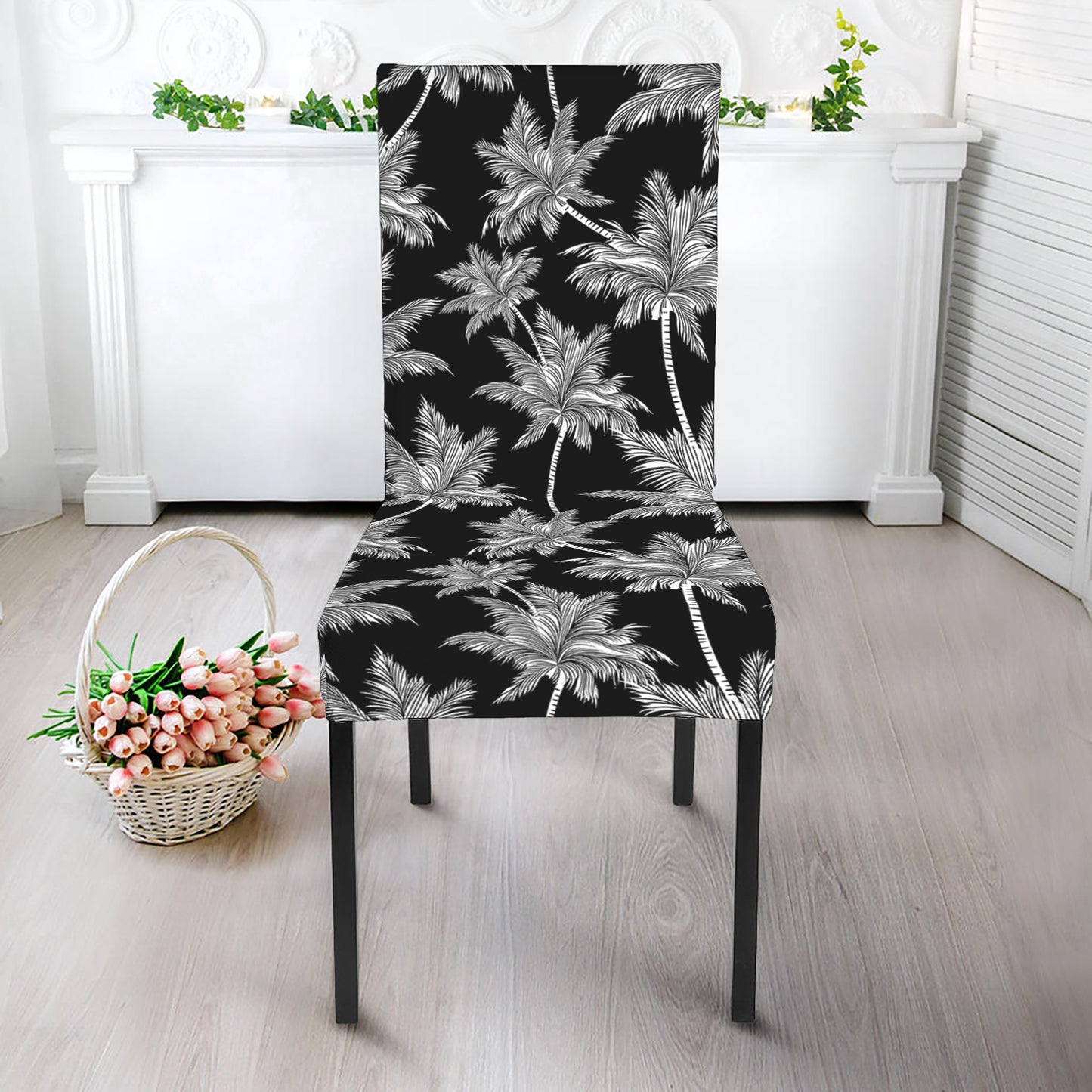 Black And White Coconut Tree Print Dining Chair Slipcover