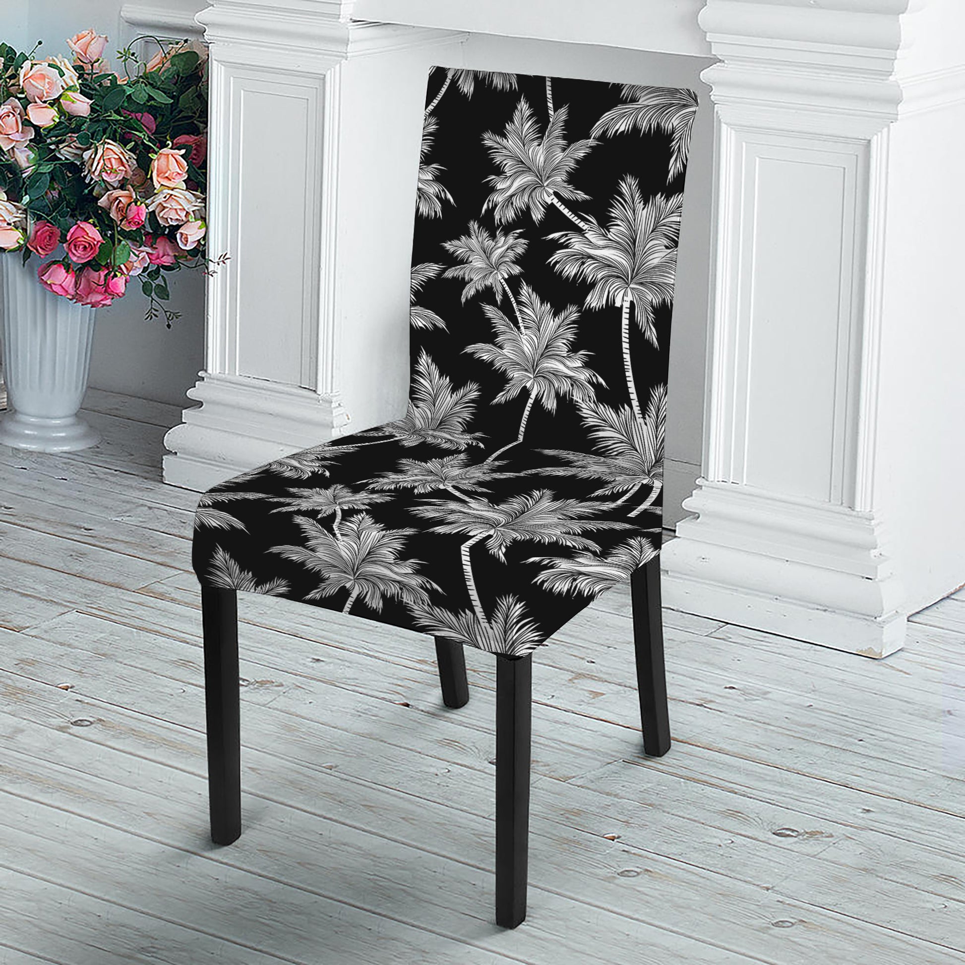 Black And White Coconut Tree Print Dining Chair Slipcover