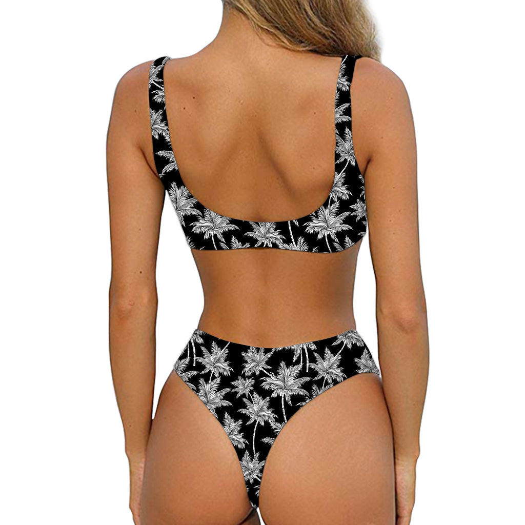 Black And White Coconut Tree Print Front Bow Tie Bikini