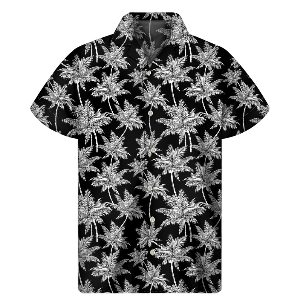 Black And White Coconut Tree Print Men's Short Sleeve Shirt