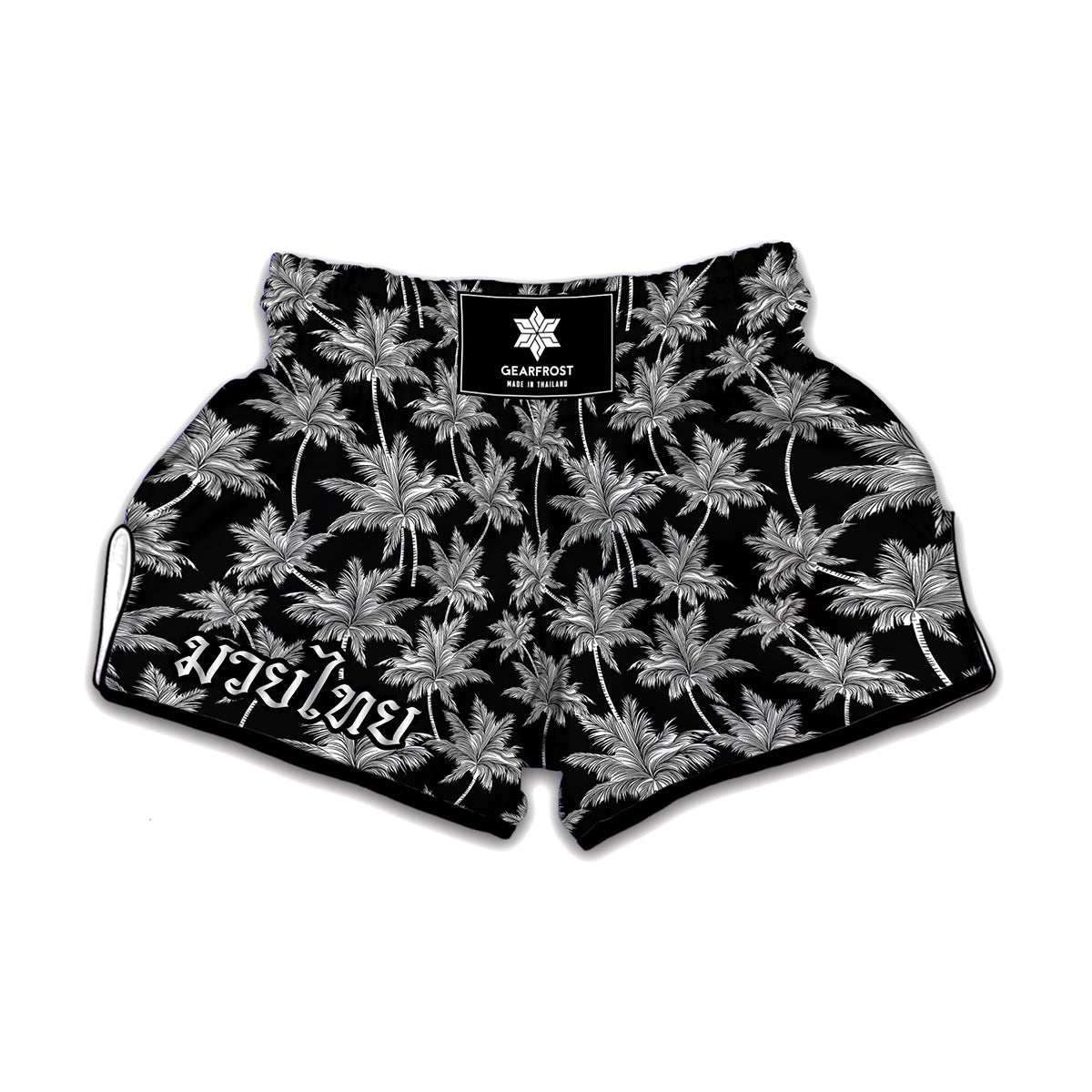 Black And White Coconut Tree Print Muay Thai Boxing Shorts