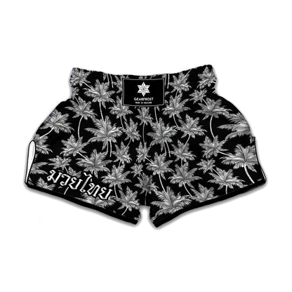Black And White Coconut Tree Print Muay Thai Boxing Shorts