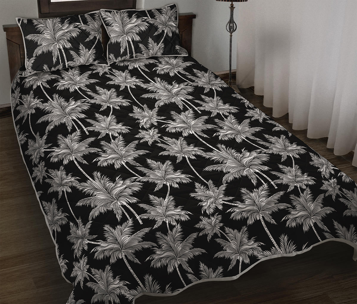 Black And White Coconut Tree Print Quilt Bed Set