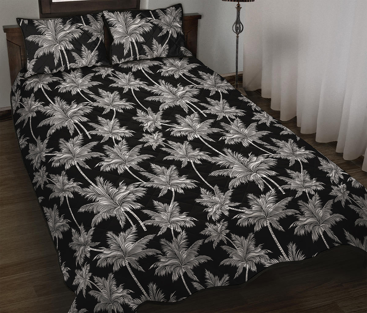 Black And White Coconut Tree Print Quilt Bed Set