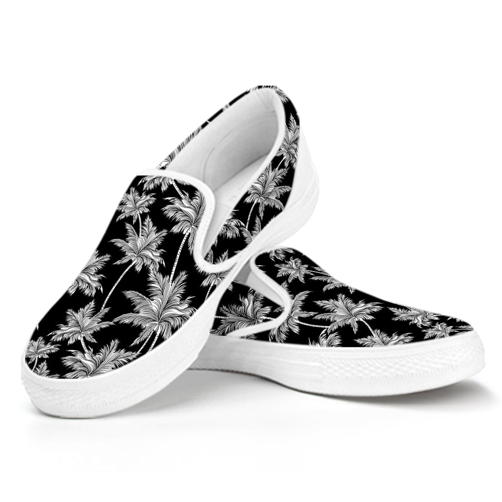 Black And White Coconut Tree Print White Slip On Shoes