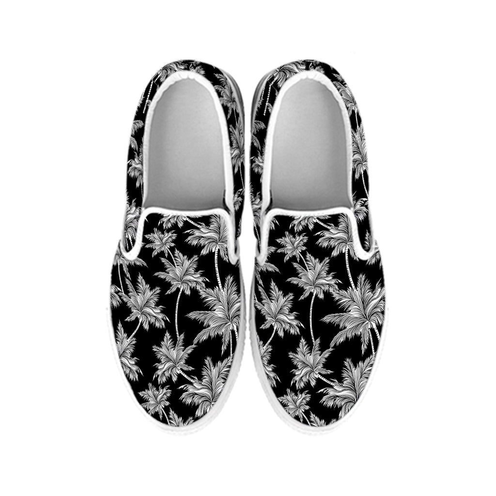 Black And White Coconut Tree Print White Slip On Shoes