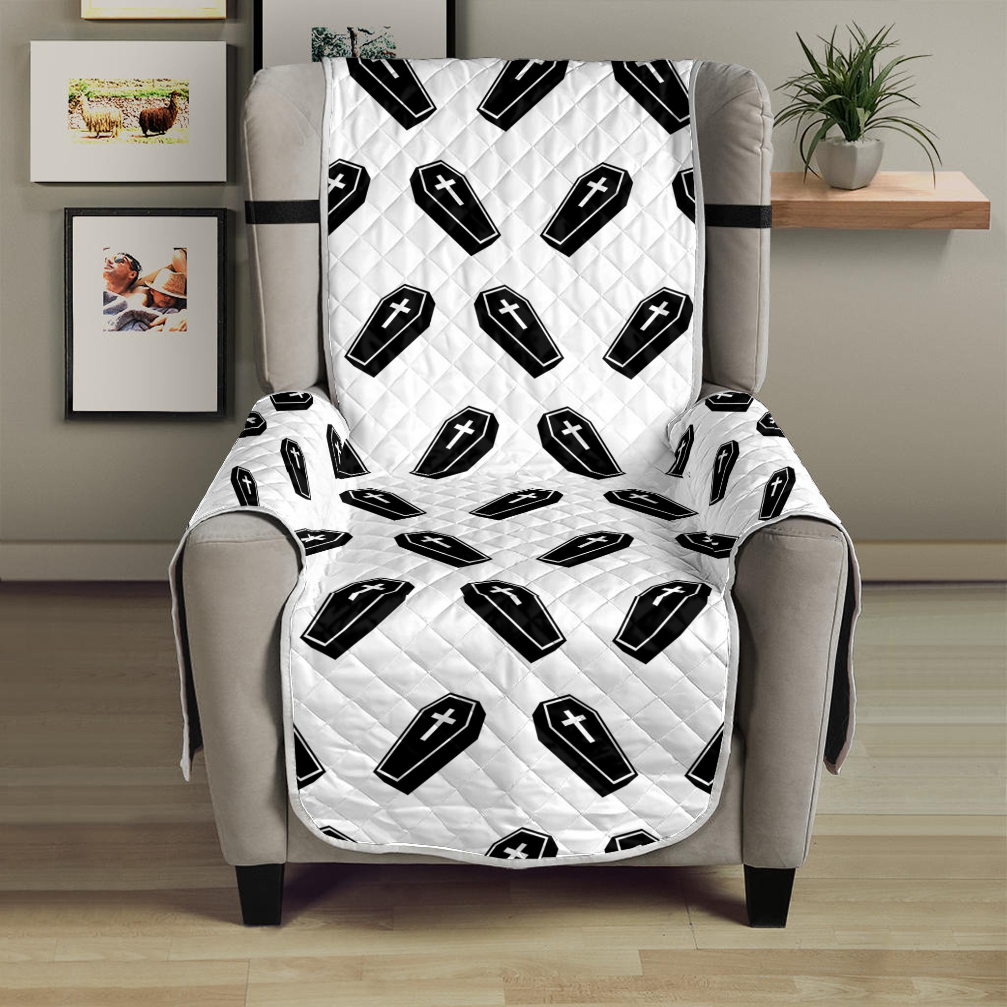 Black And White Coffin Pattern Print Armchair Protector