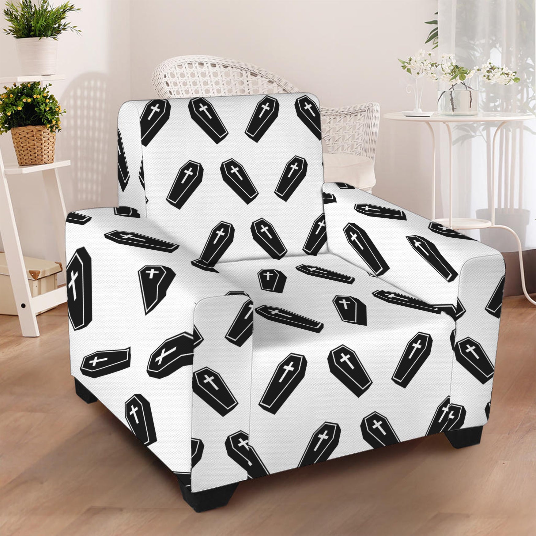 Black And White Coffin Pattern Print Armchair Slipcover