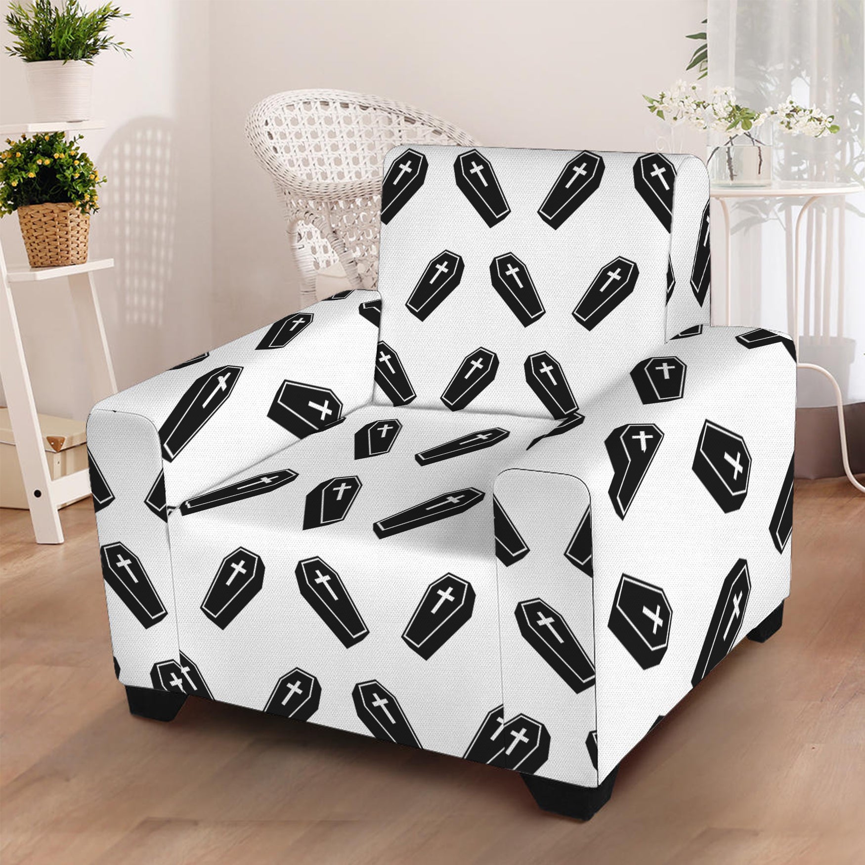 Black And White Coffin Pattern Print Armchair Slipcover