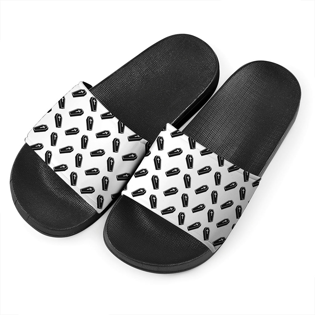 Black And White Coffin Pattern Print Black Slide Sandals