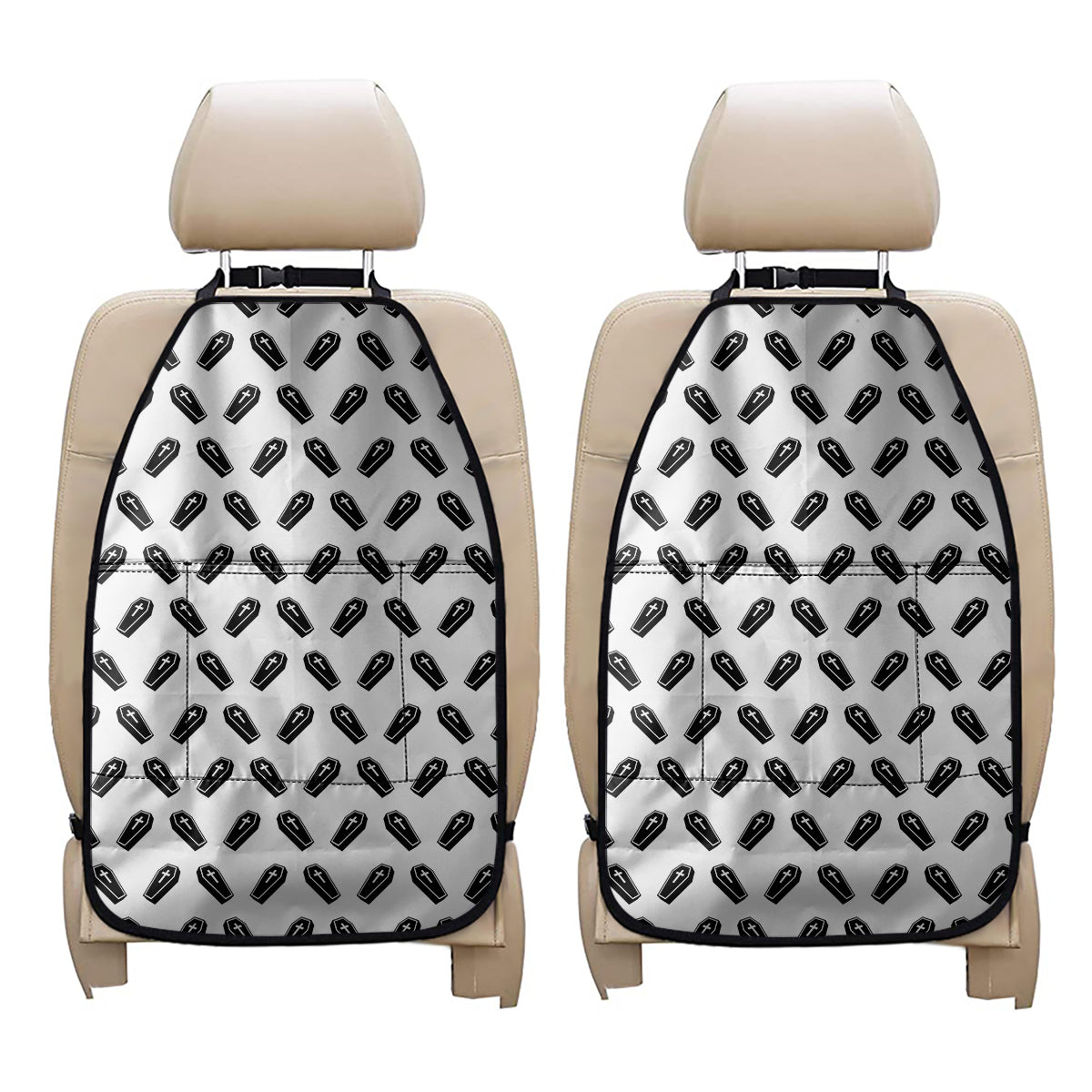 Black And White Coffin Pattern Print Car Seat Organizers