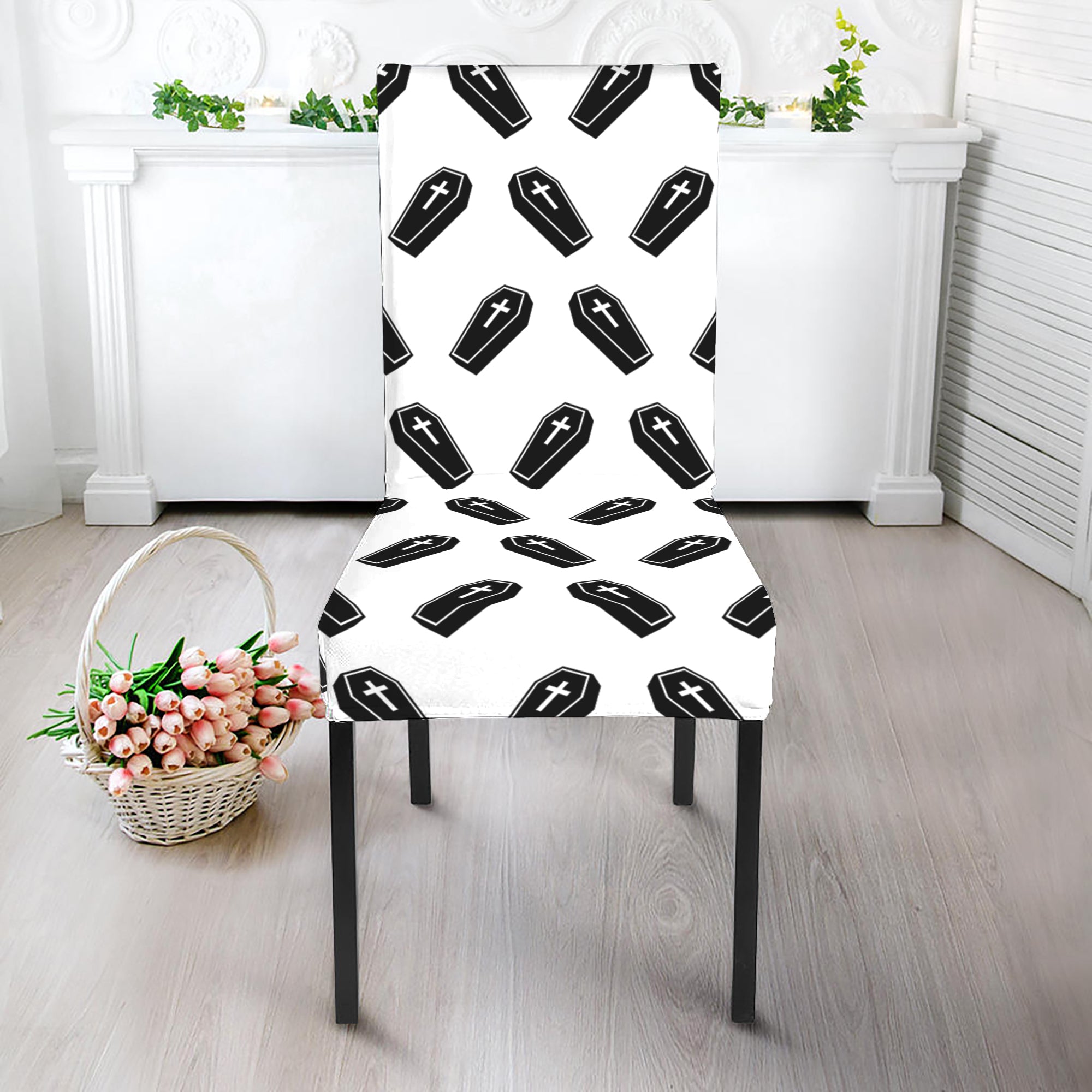 Black And White Coffin Pattern Print Dining Chair Slipcover