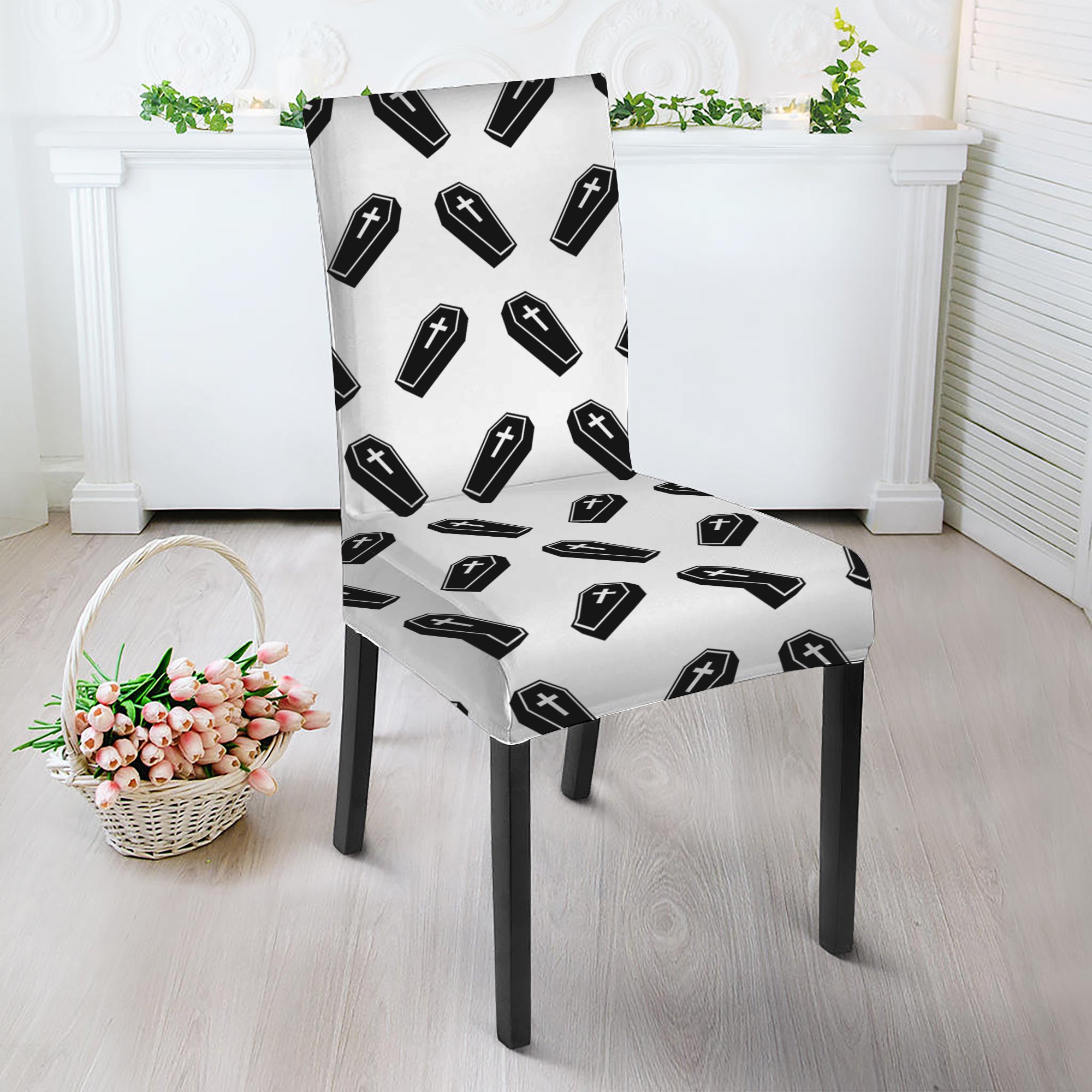 Black And White Coffin Pattern Print Dining Chair Slipcover