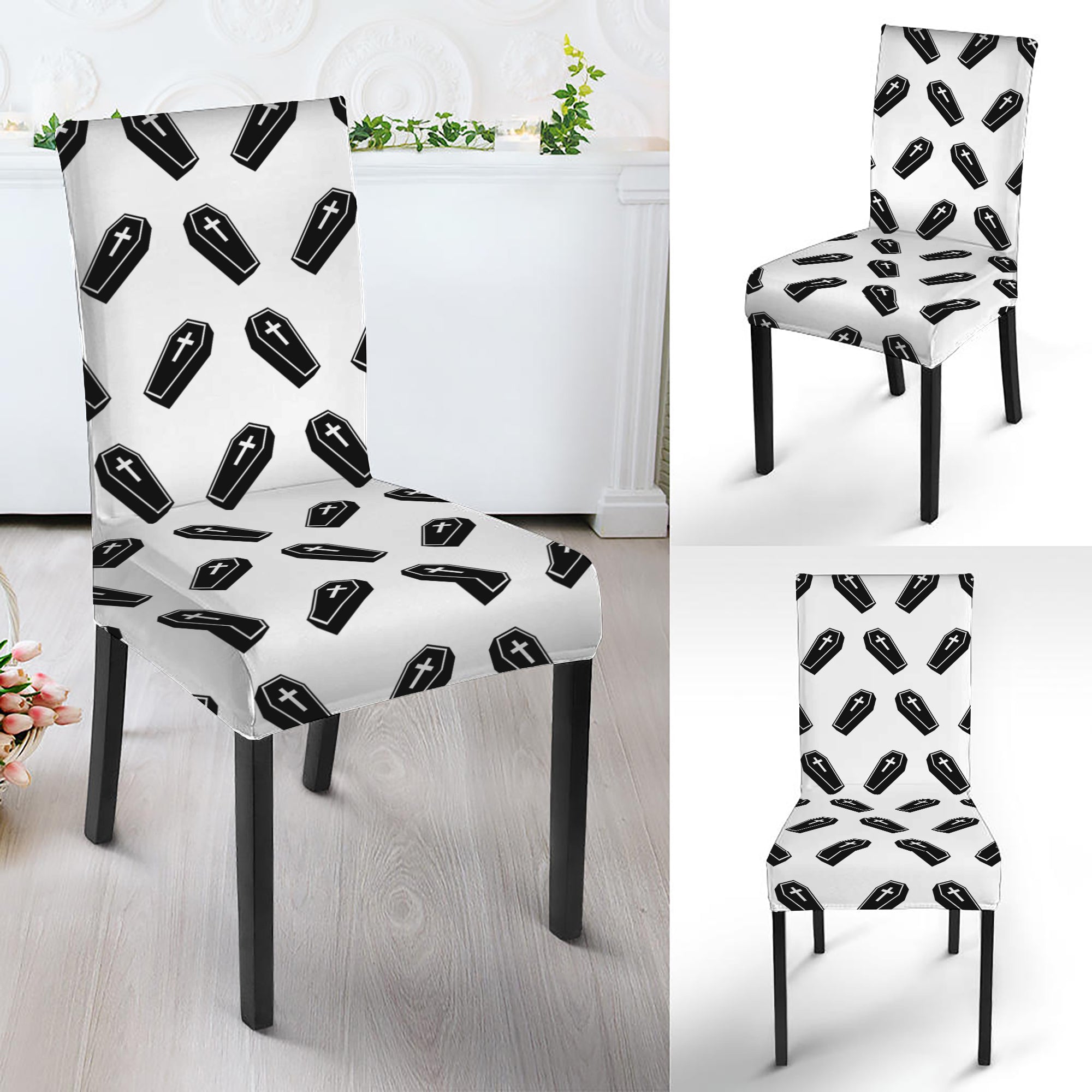 Black And White Coffin Pattern Print Dining Chair Slipcover