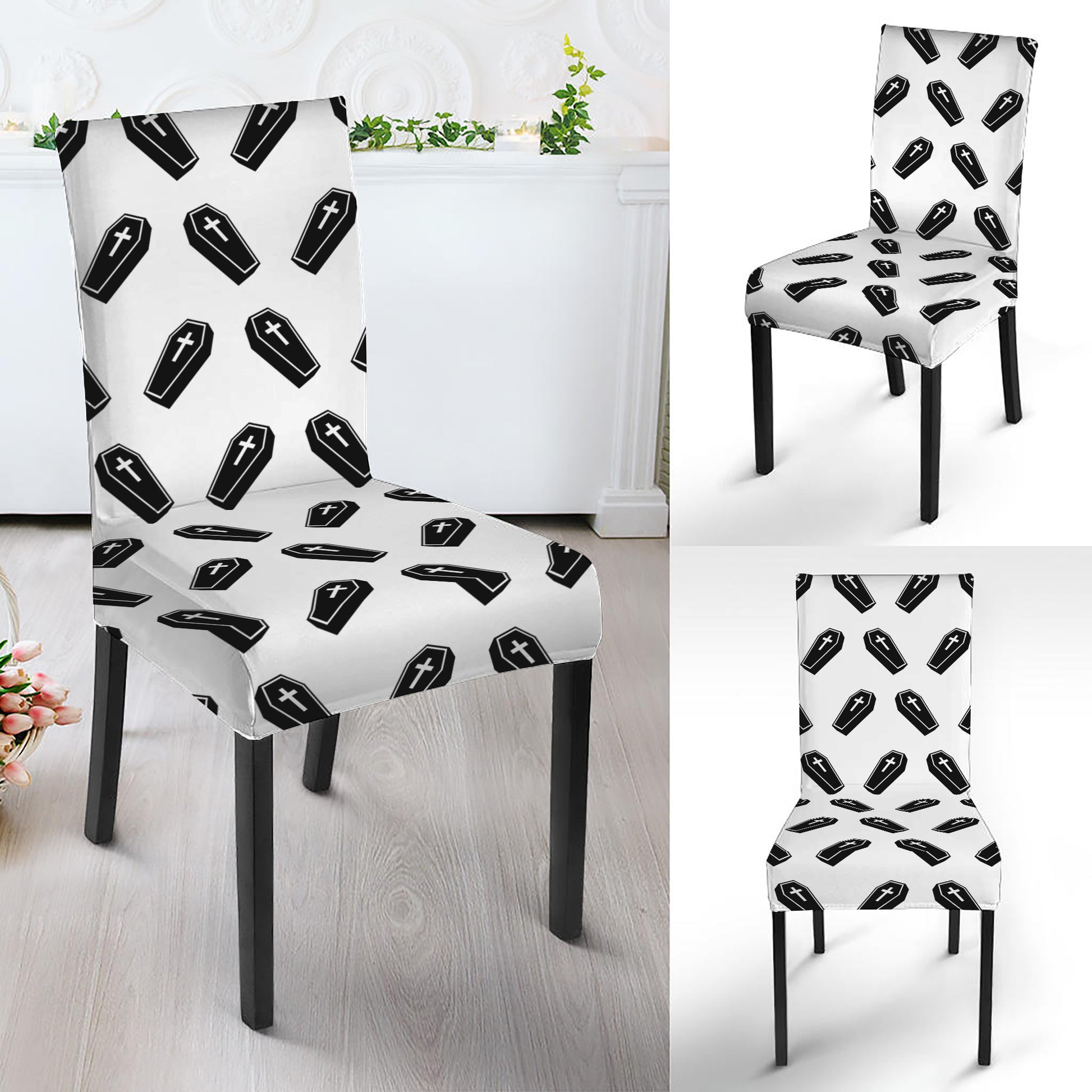 Black And White Coffin Pattern Print Dining Chair Slipcover