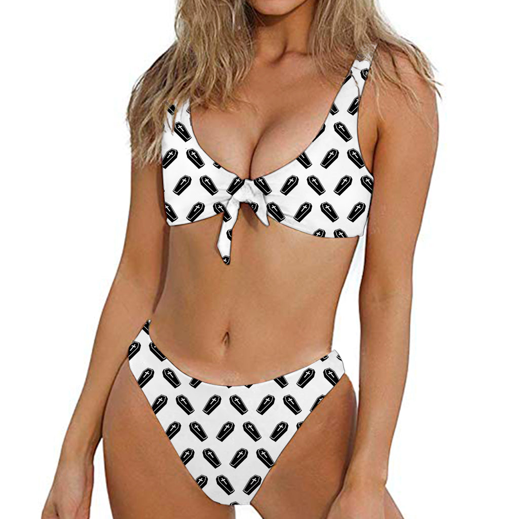 Black And White Coffin Pattern Print Front Bow Tie Bikini