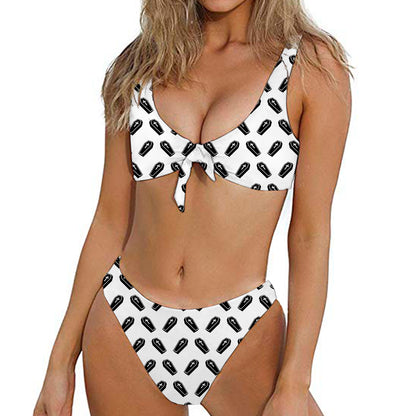 Black And White Coffin Pattern Print Front Bow Tie Bikini