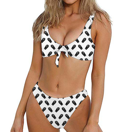 Black And White Coffin Pattern Print Front Bow Tie Bikini