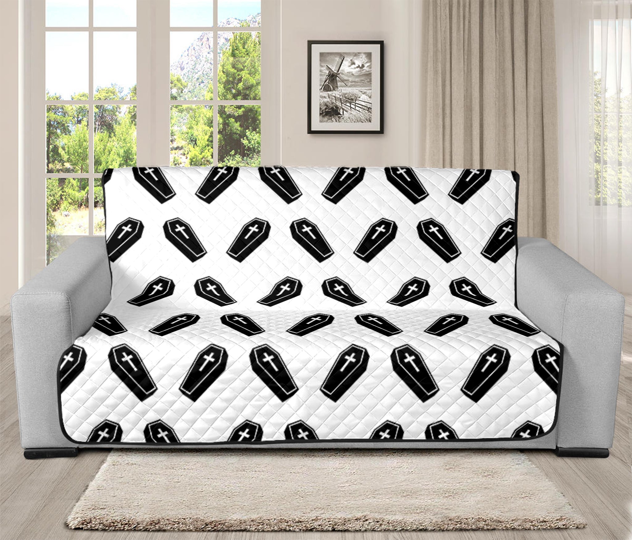 Black And White Coffin Pattern Print Futon Protector