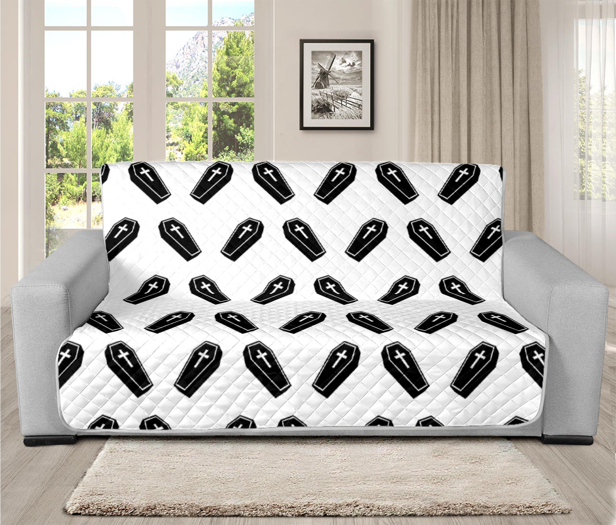 Black And White Coffin Pattern Print Futon Protector