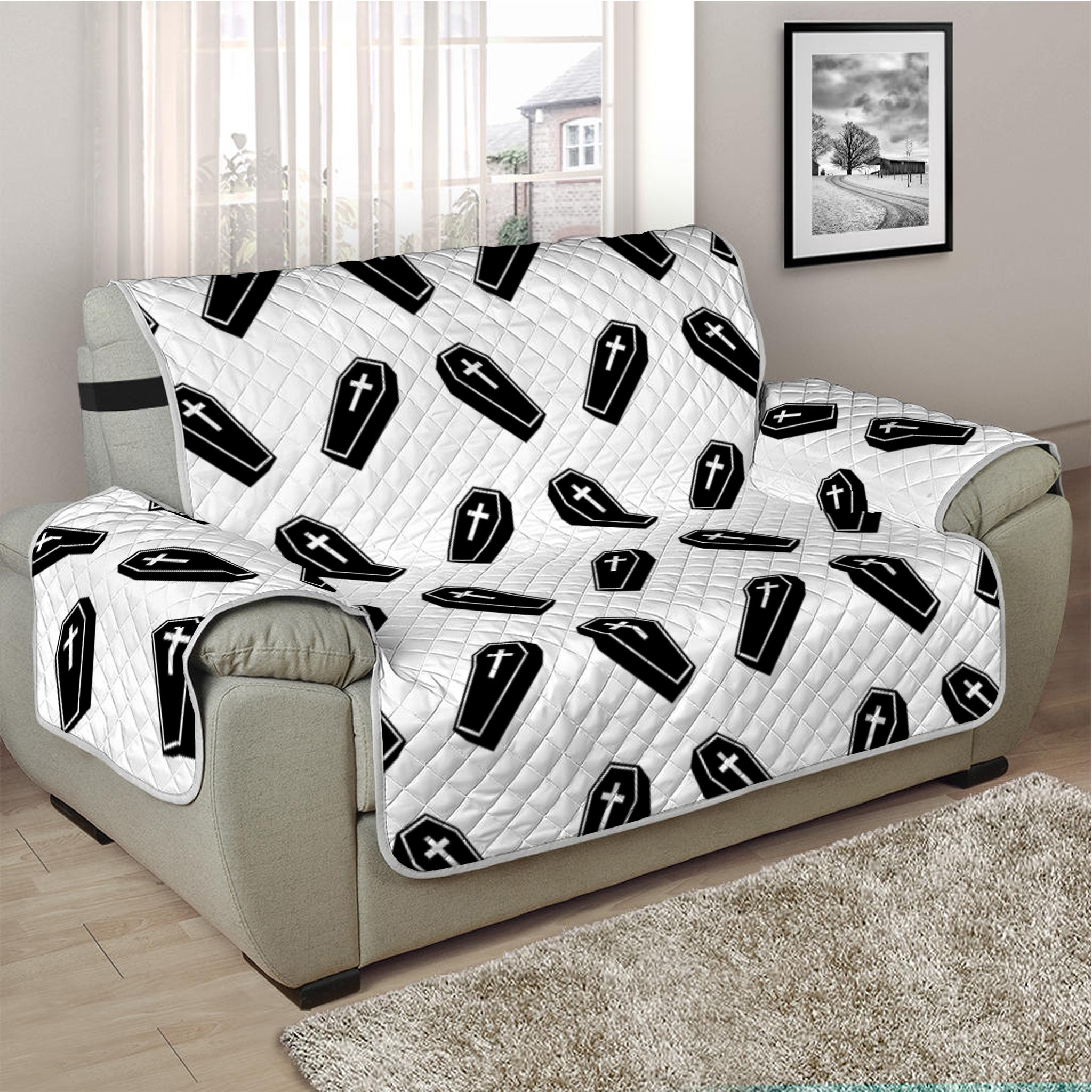 Black And White Coffin Pattern Print Half Sofa Protector