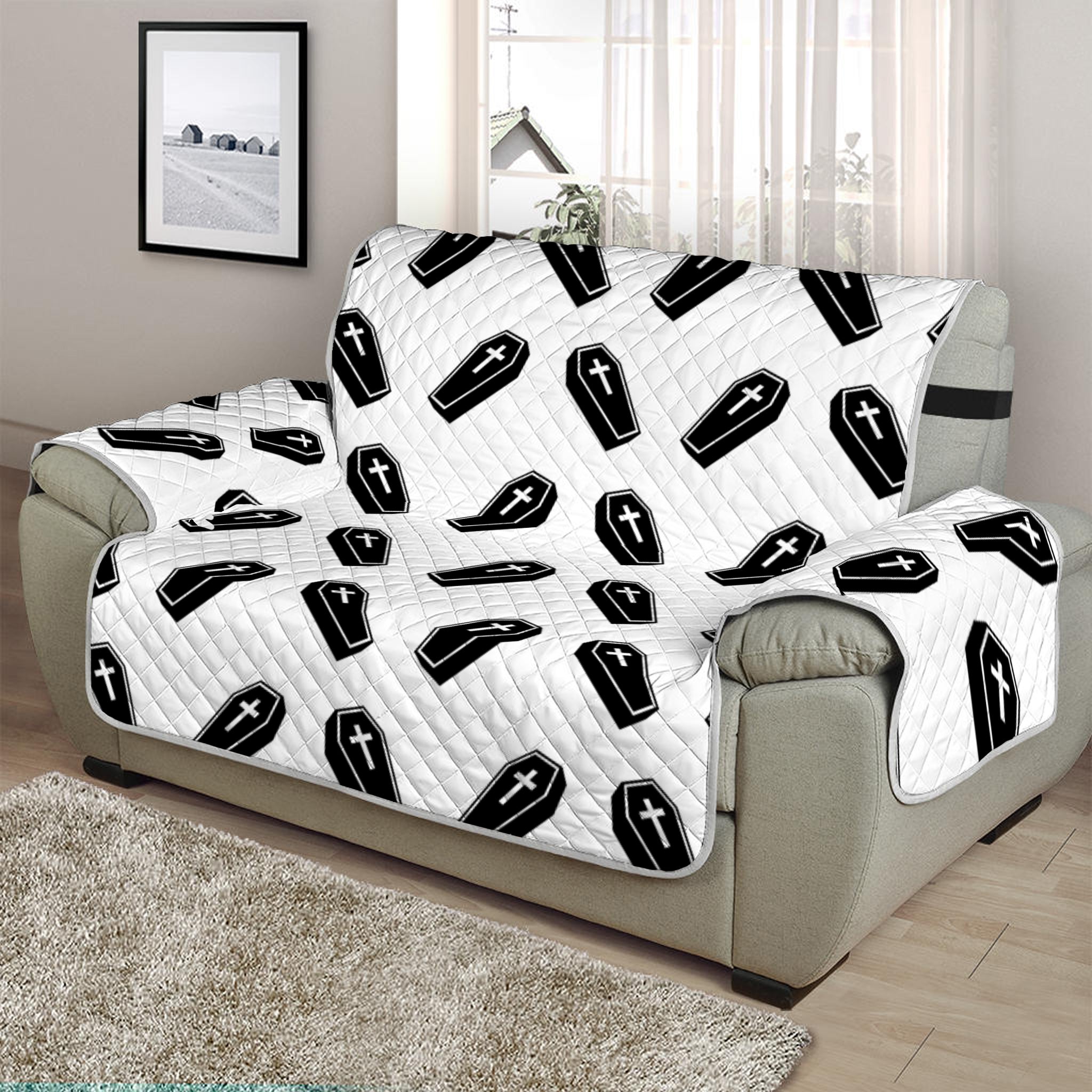 Black And White Coffin Pattern Print Half Sofa Protector