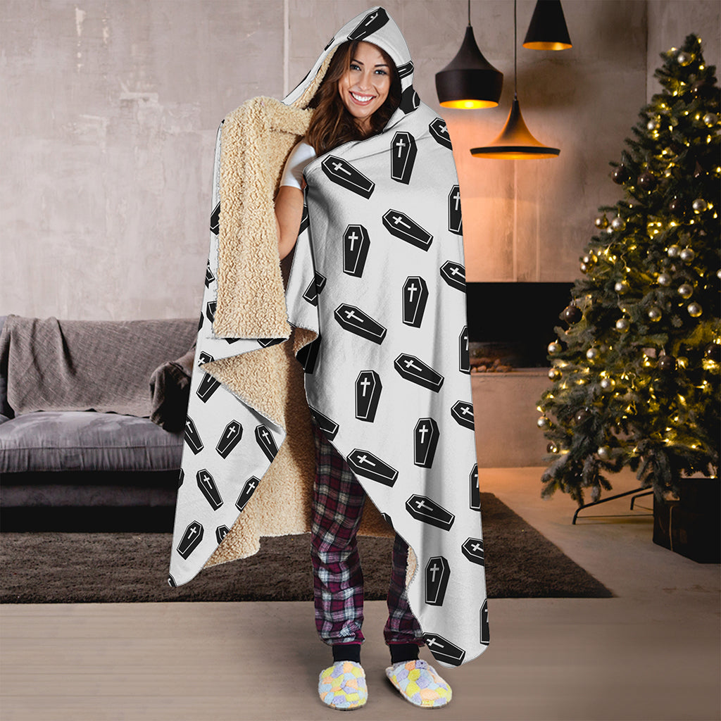 Black And White Coffin Pattern Print Hooded Blanket