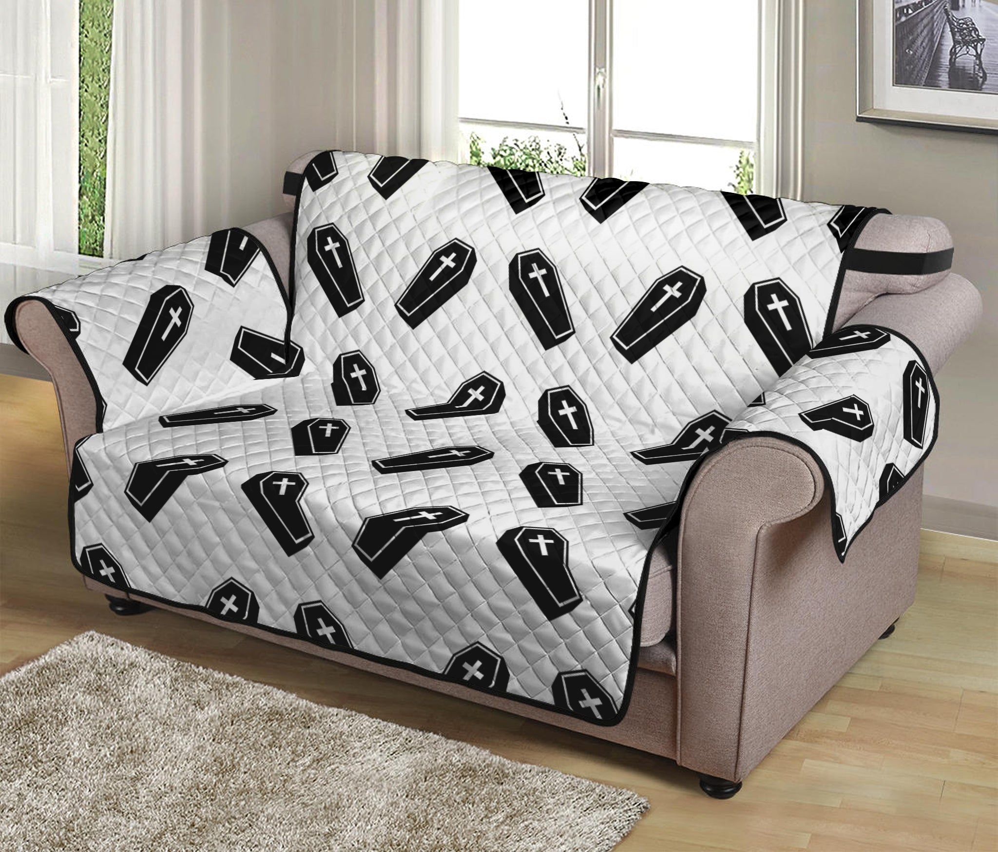 Black And White Coffin Pattern Print Loveseat Protector