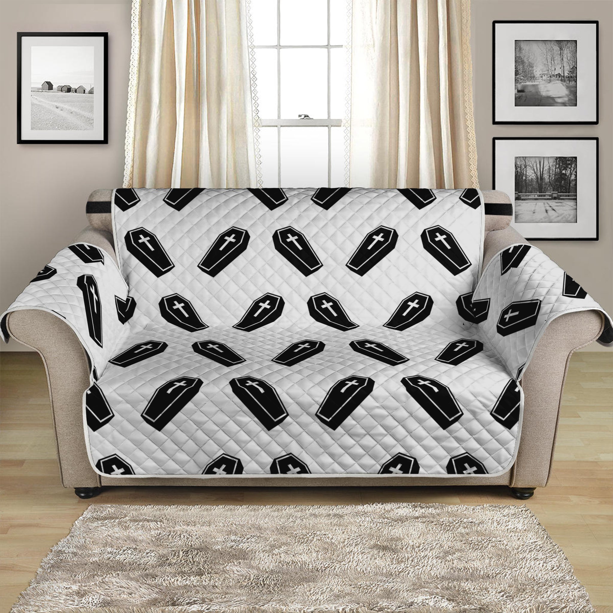 Black And White Coffin Pattern Print Loveseat Protector