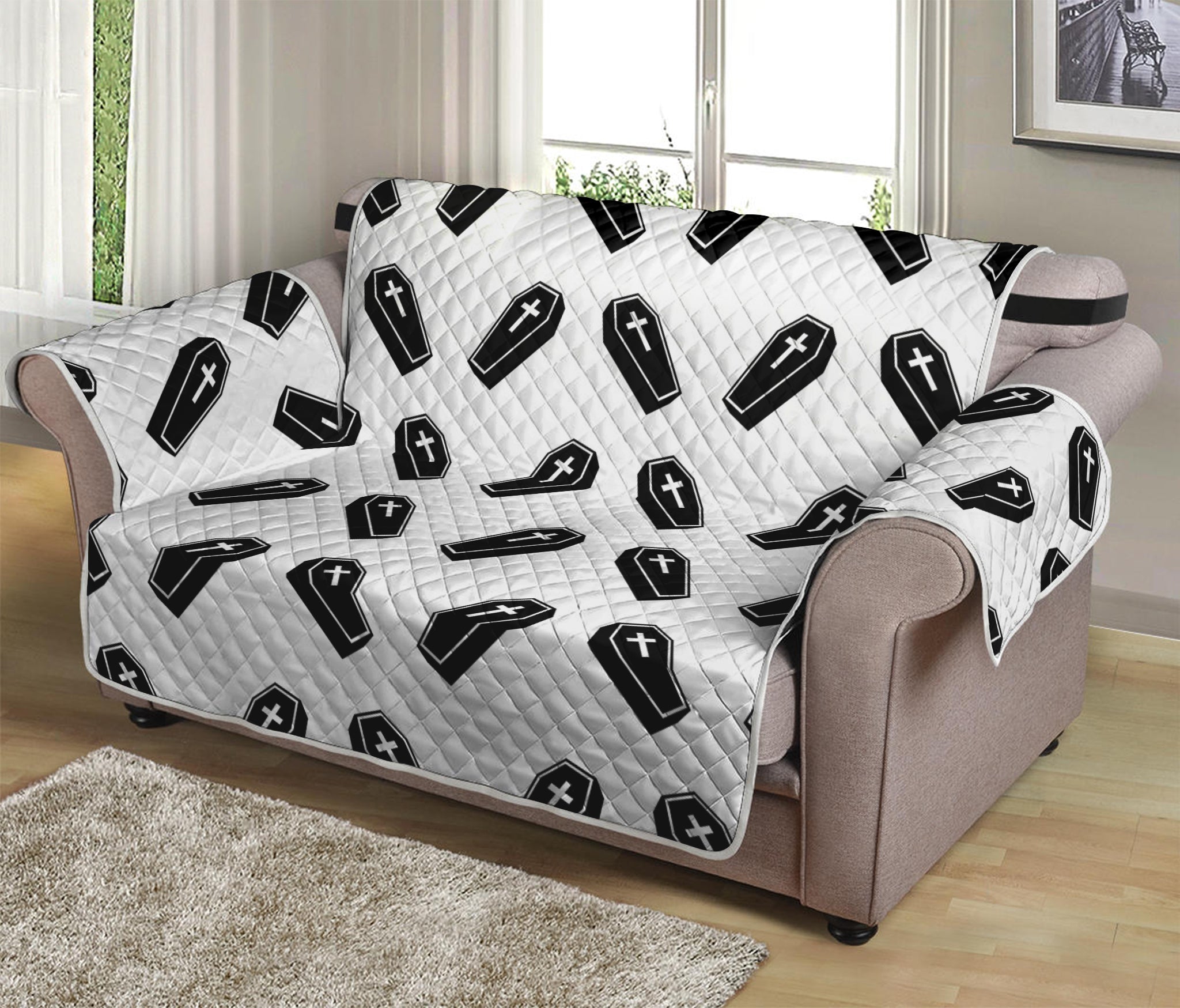 Black And White Coffin Pattern Print Loveseat Protector