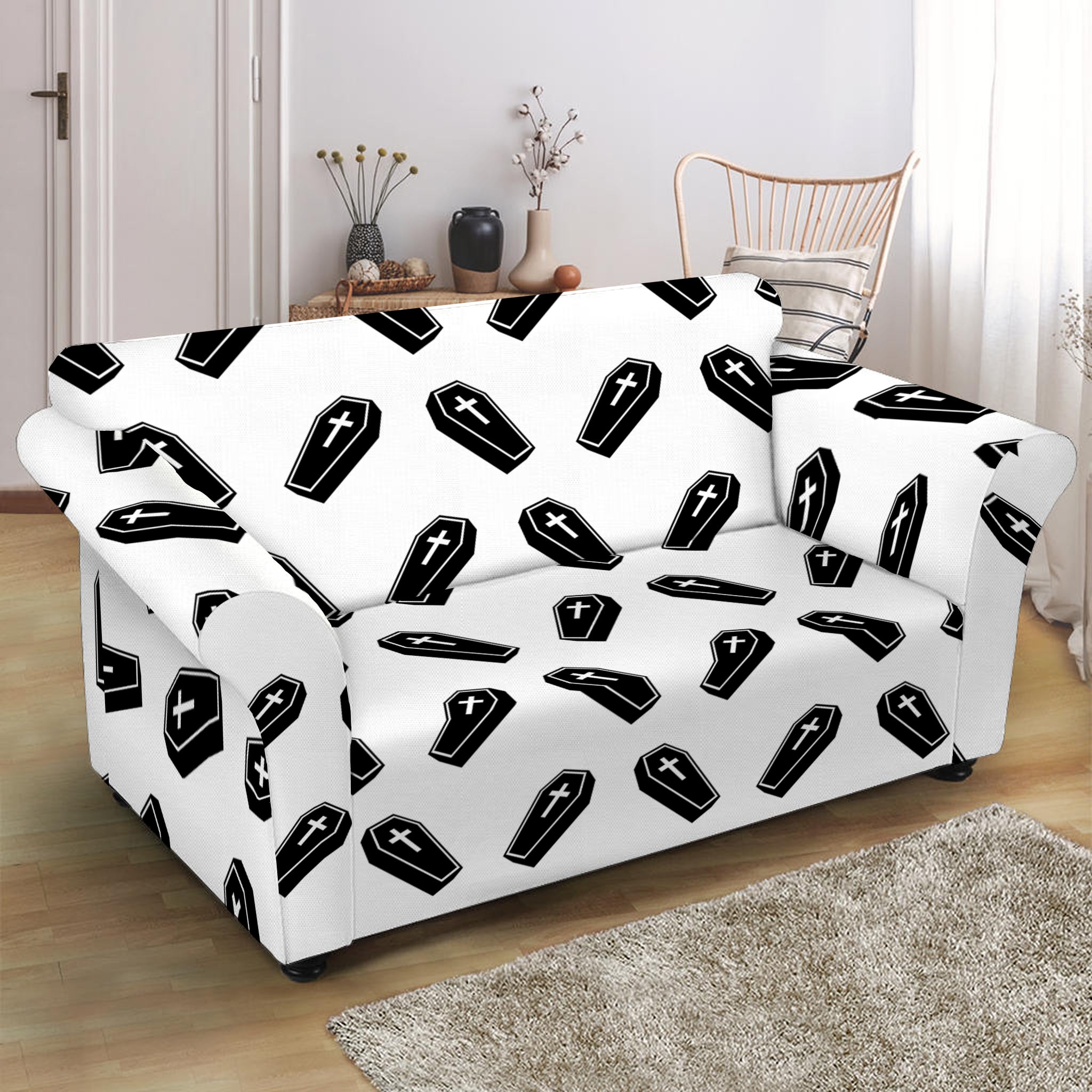 Black And White Coffin Pattern Print Loveseat Slipcover