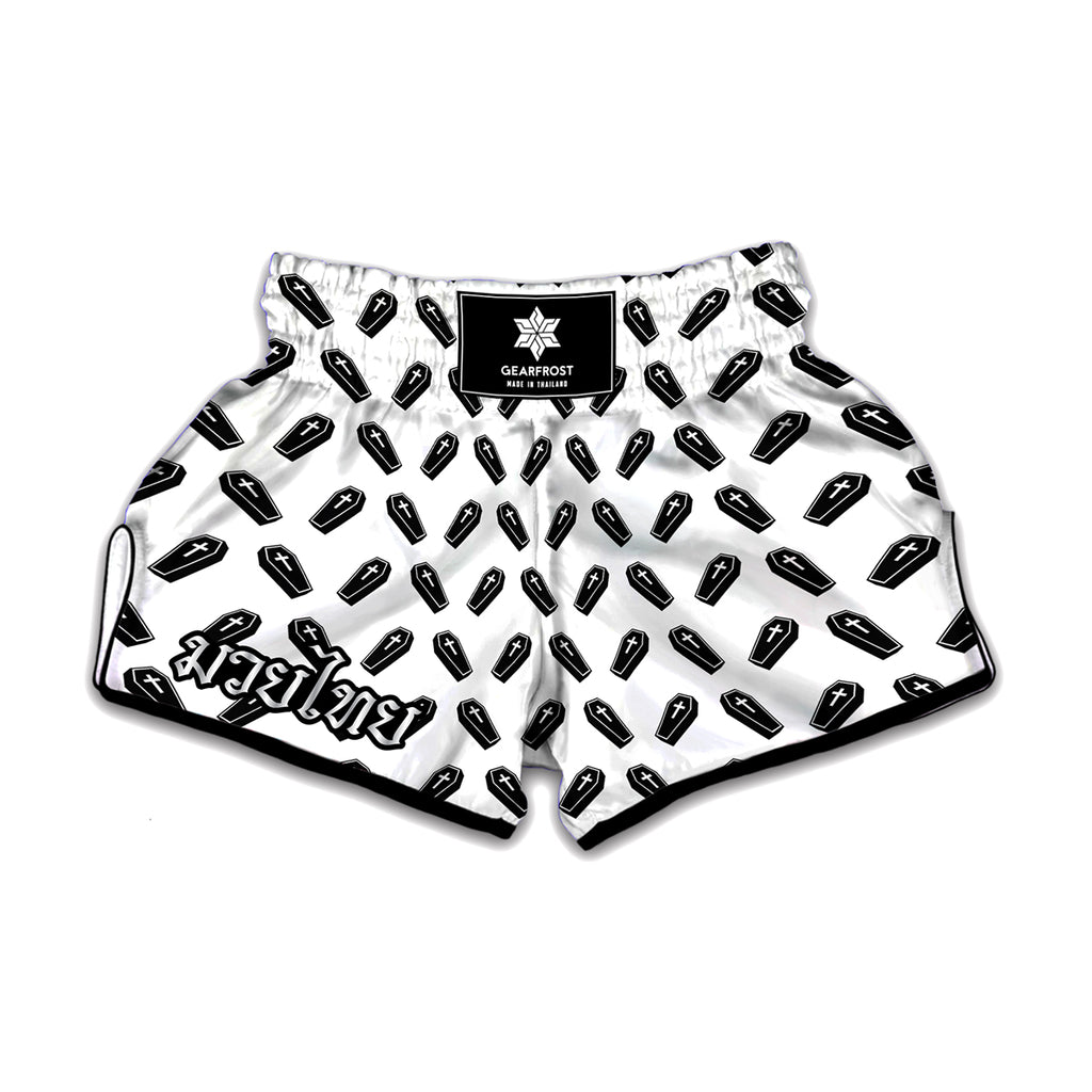 Black And White Coffin Pattern Print Muay Thai Boxing Shorts