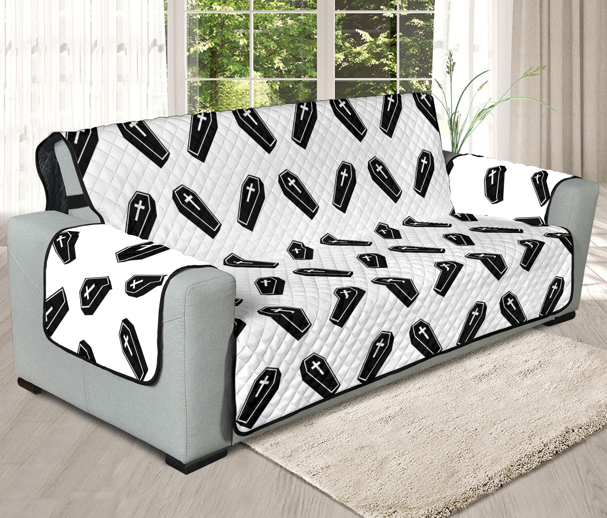 Black And White Coffin Pattern Print Oversized Sofa Protector