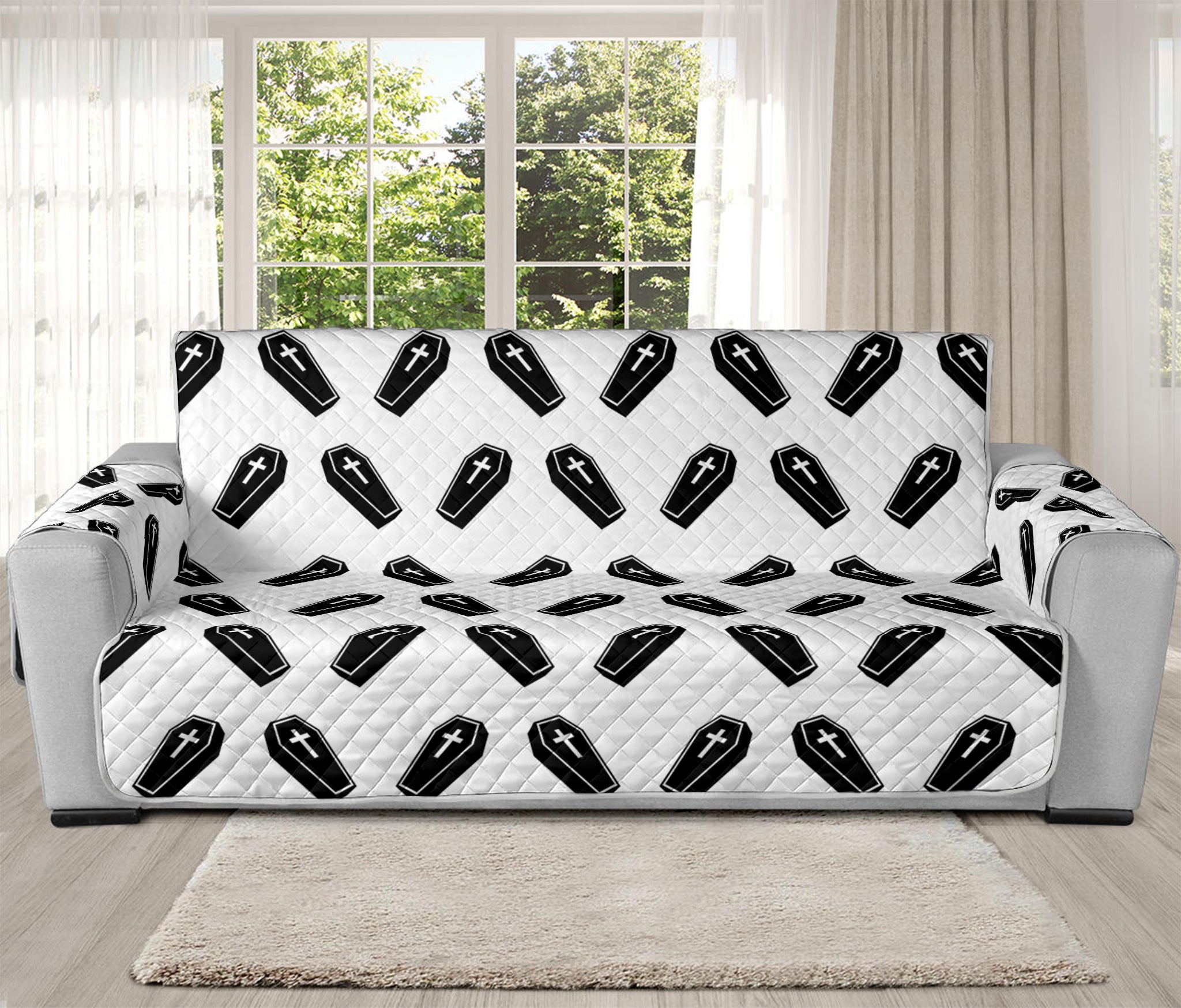 Black And White Coffin Pattern Print Oversized Sofa Protector