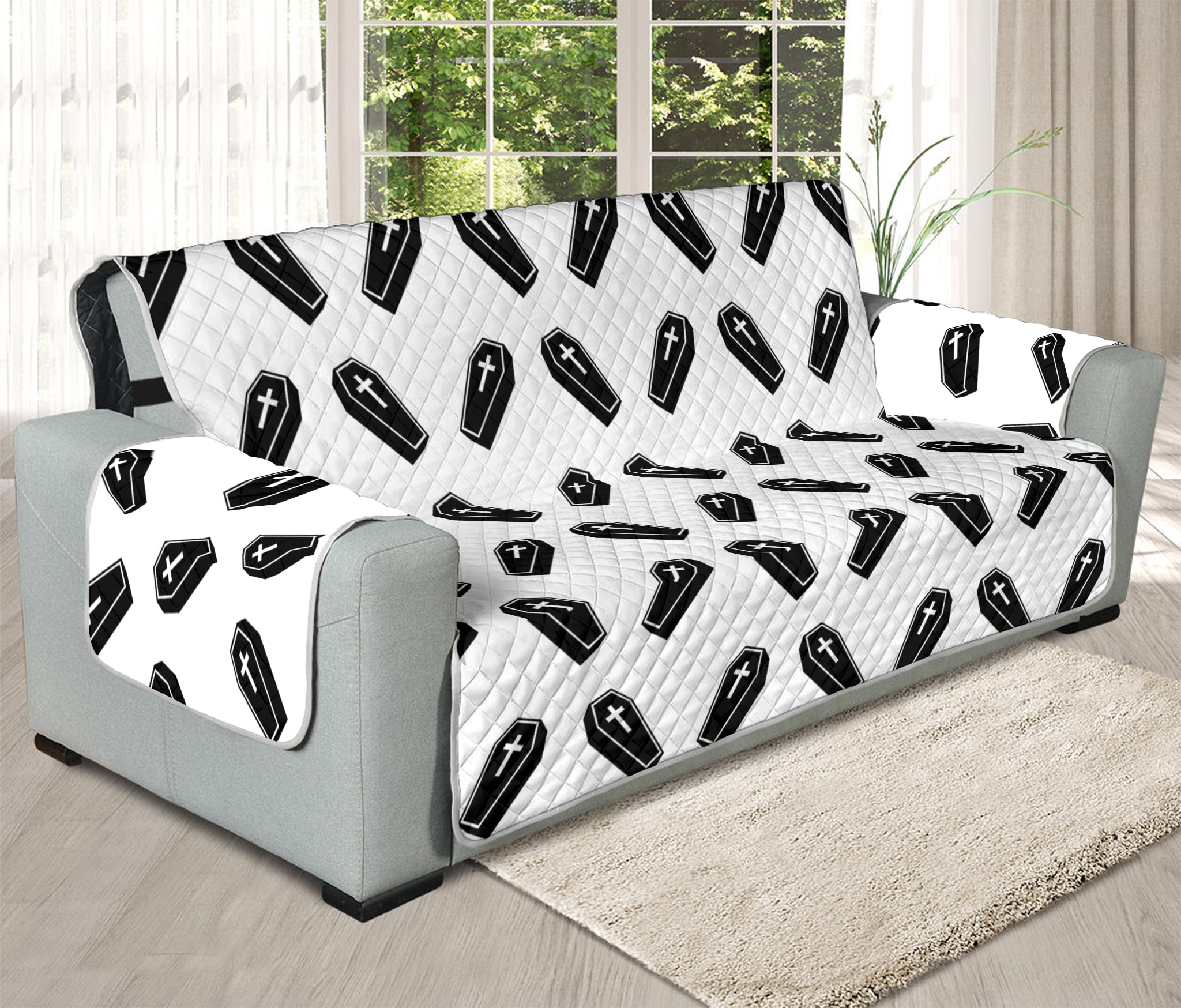 Black And White Coffin Pattern Print Oversized Sofa Protector