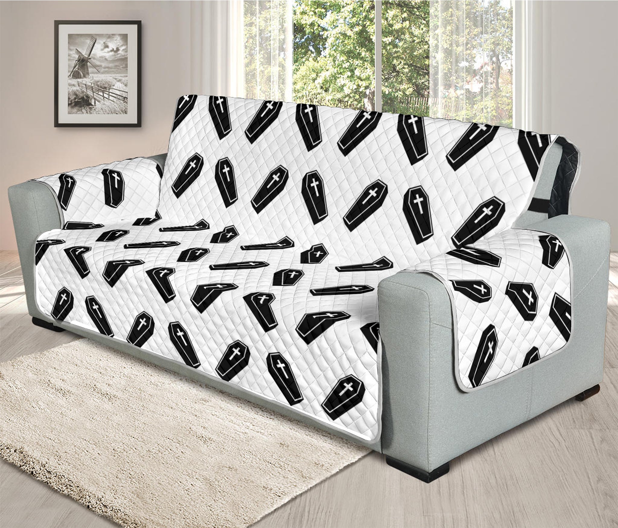 Black And White Coffin Pattern Print Oversized Sofa Protector