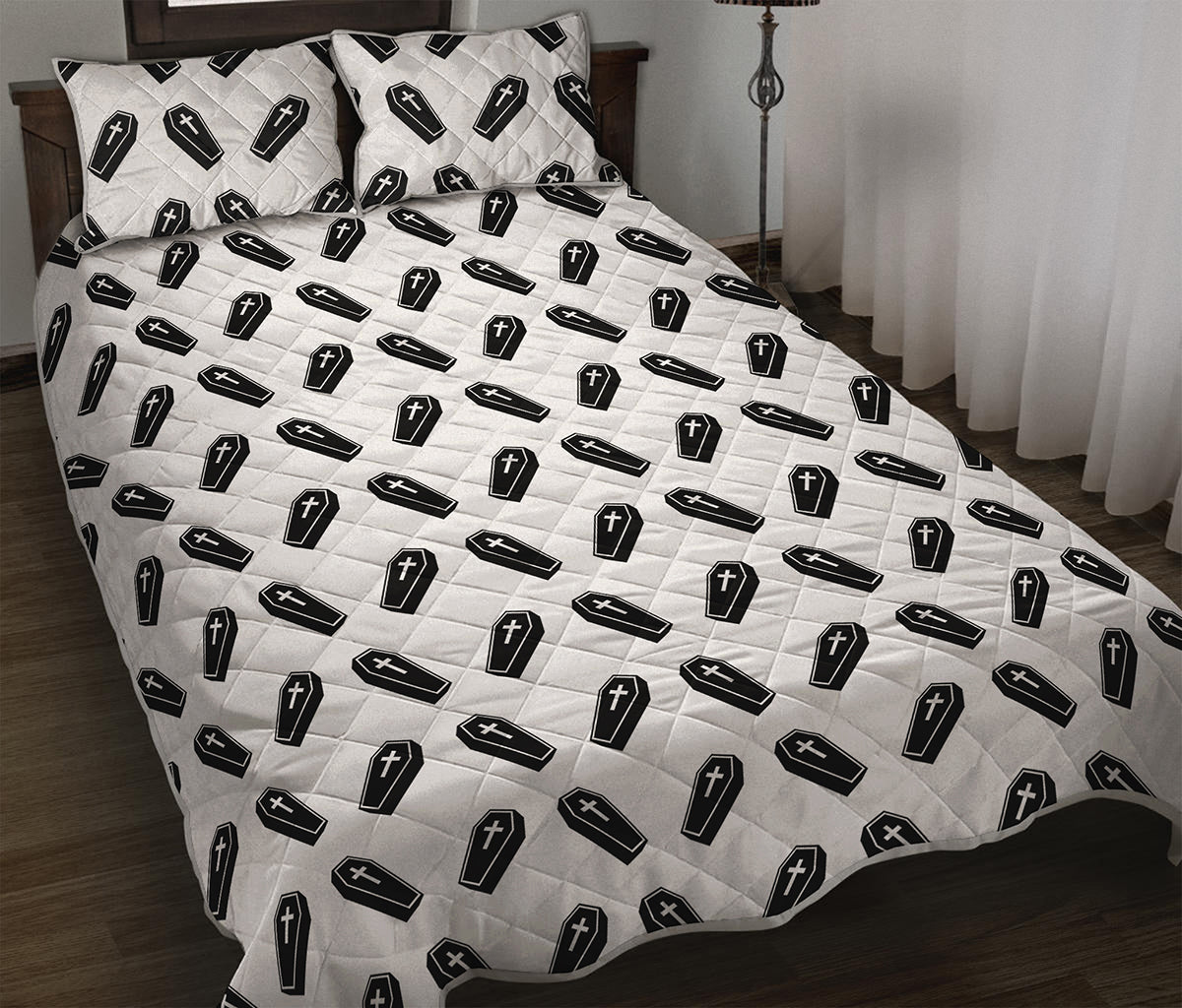 Black And White Coffin Pattern Print Quilt Bed Set