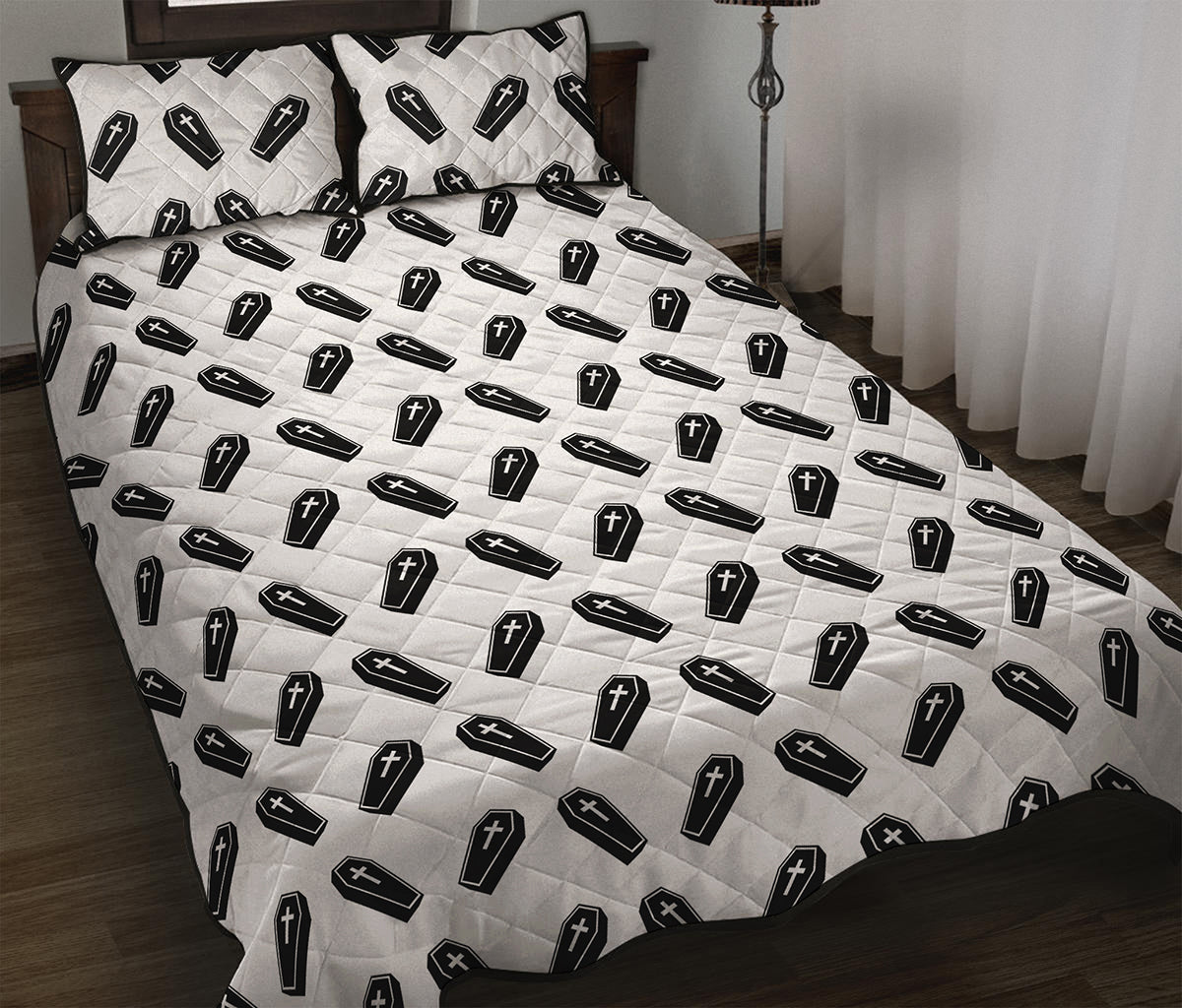 Black And White Coffin Pattern Print Quilt Bed Set