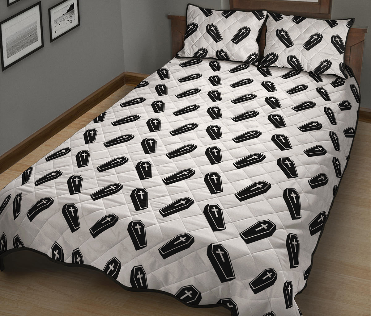 Black And White Coffin Pattern Print Quilt Bed Set