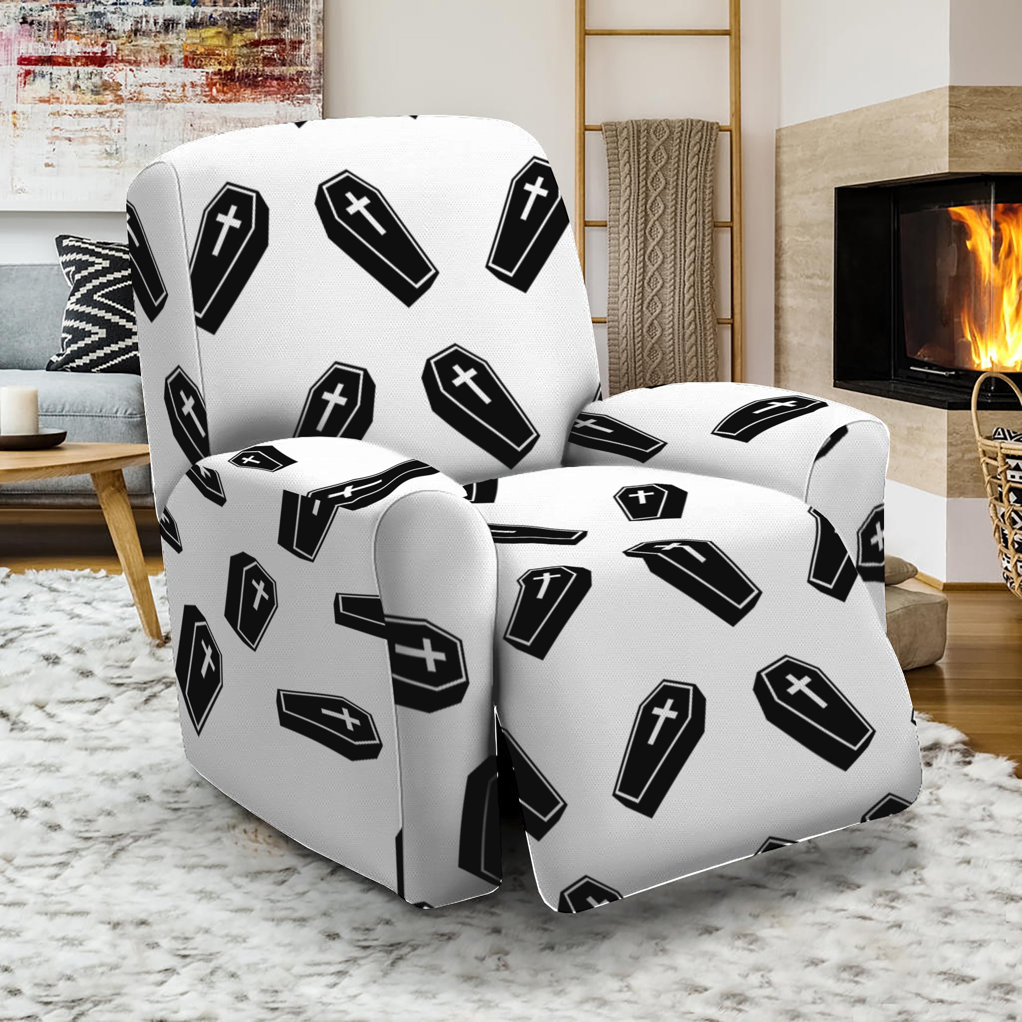 Black And White Coffin Pattern Print Recliner Slipcover