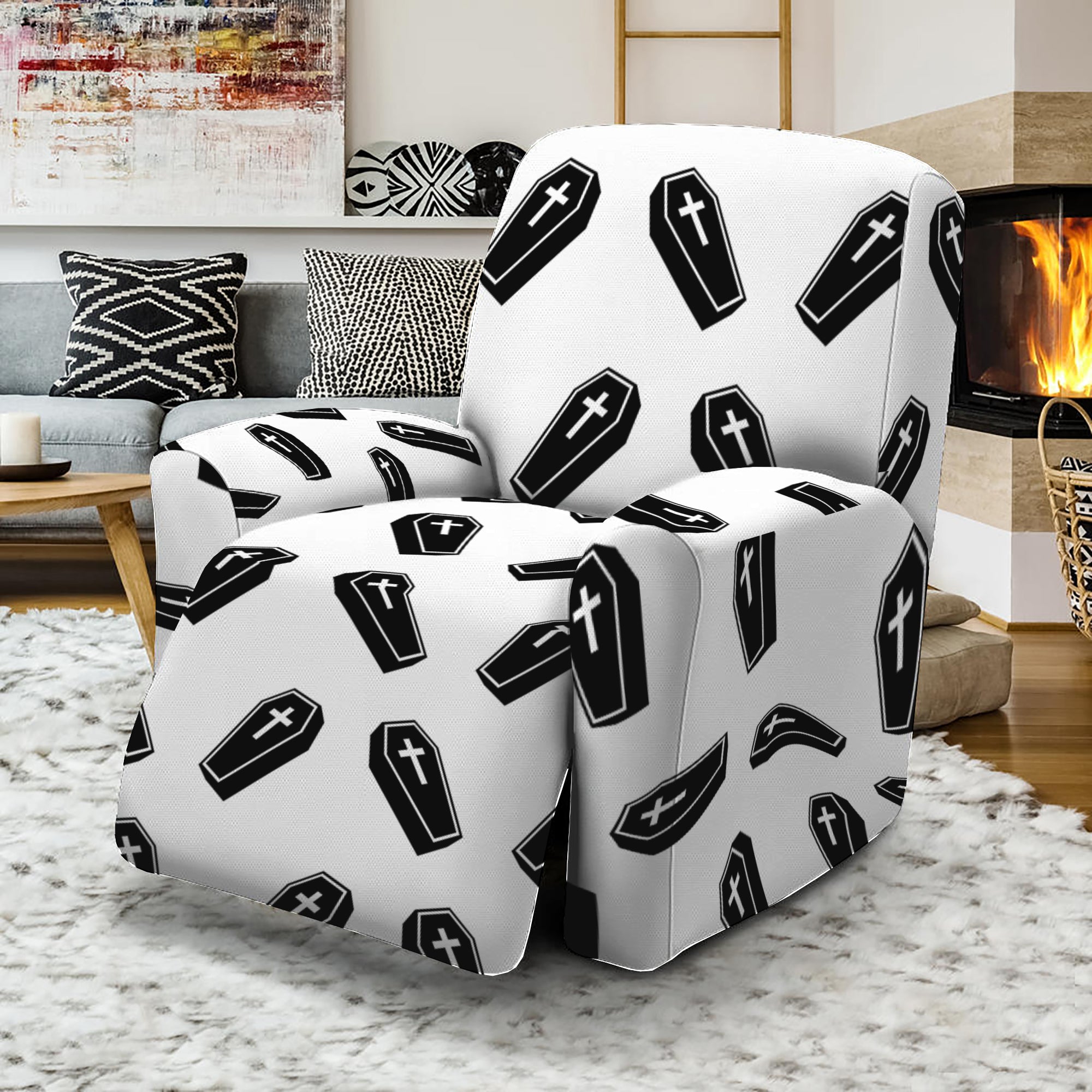 Black And White Coffin Pattern Print Recliner Slipcover