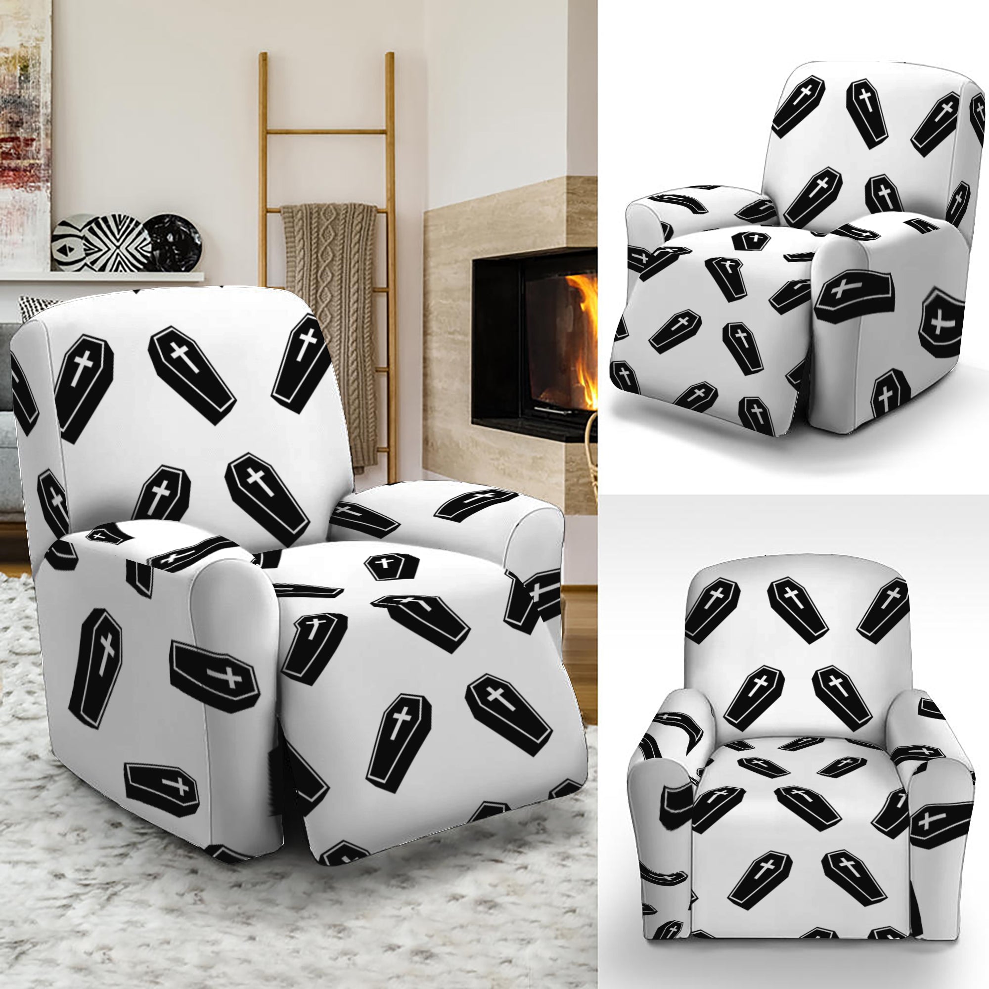 Black And White Coffin Pattern Print Recliner Slipcover