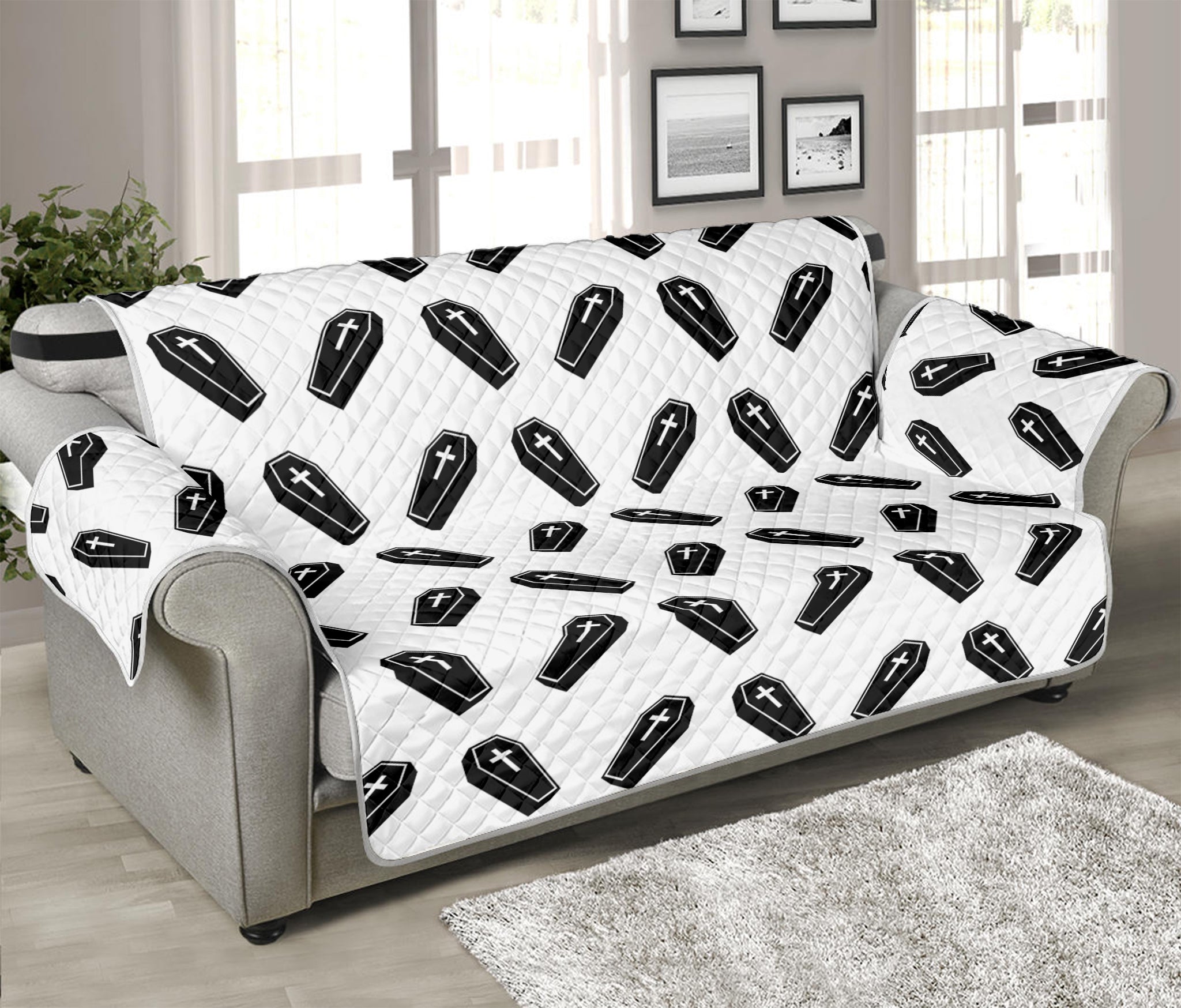 Black And White Coffin Pattern Print Sofa Protector