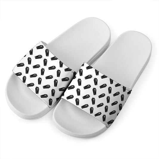 Black And White Coffin Pattern Print White Slide Sandals