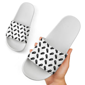 Black And White Coffin Pattern Print White Slide Sandals