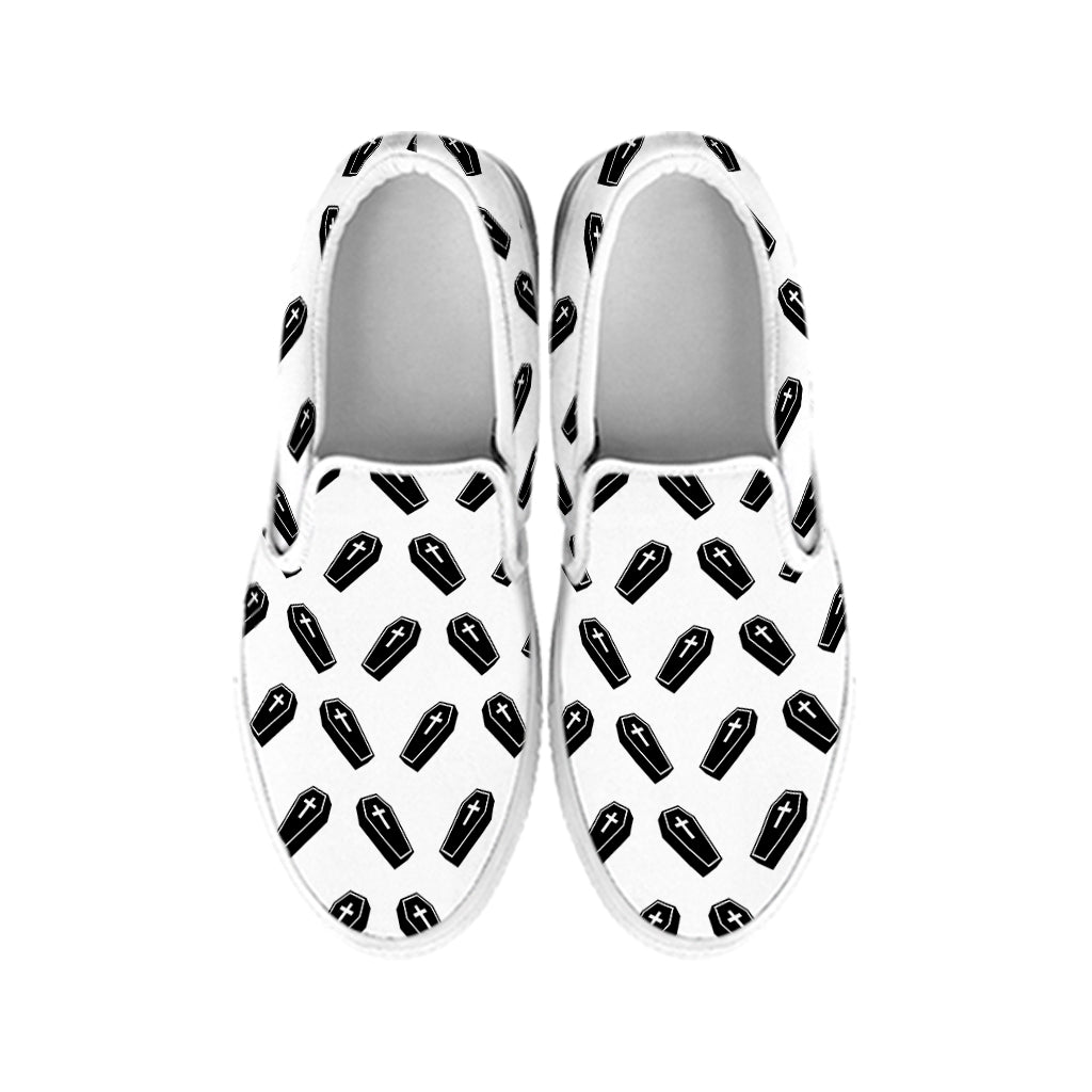 Black And White Coffin Pattern Print White Slip On Shoes