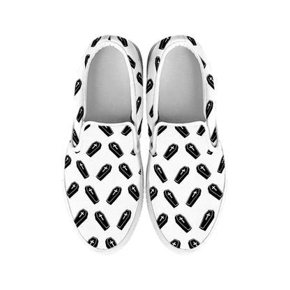 Black And White Coffin Pattern Print White Slip On Shoes