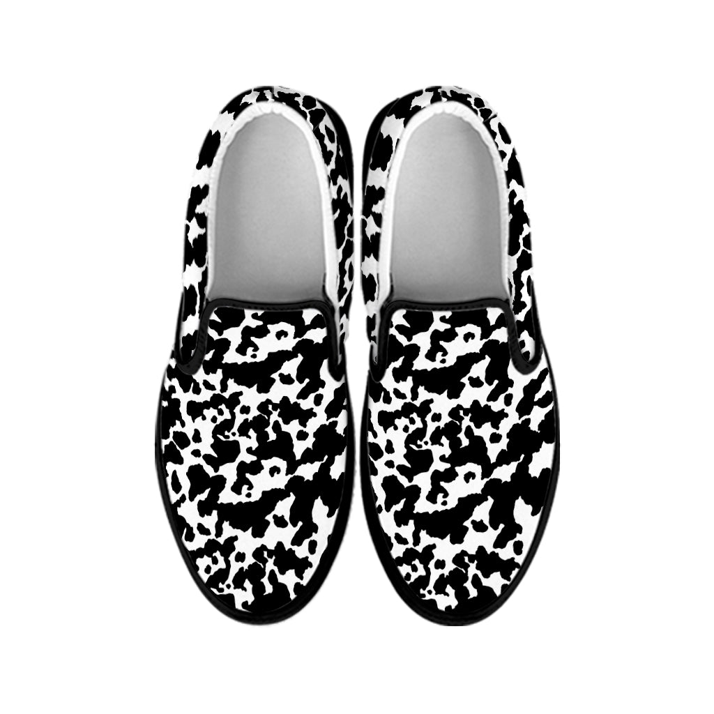 Black And White Cow Pattern Print Black Slip On Shoes