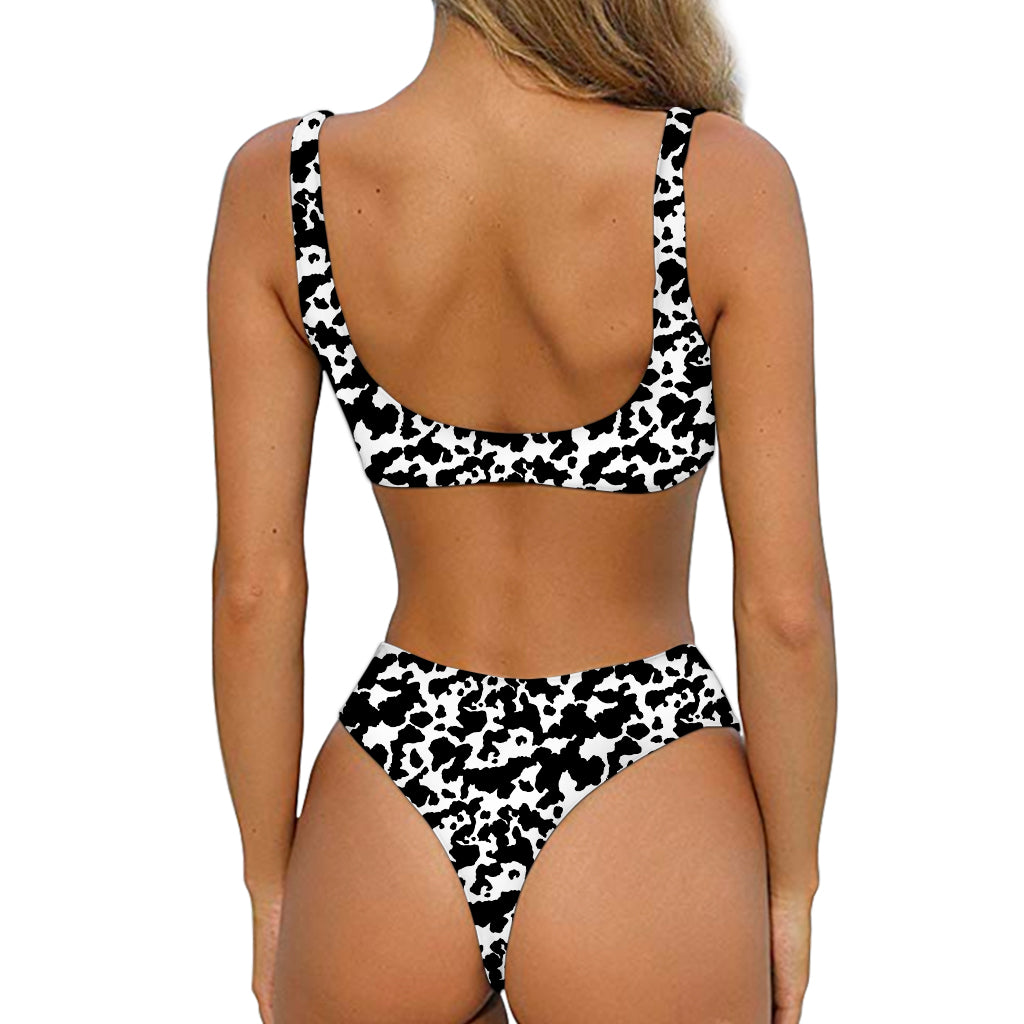 Black And White Cow Pattern Print Front Bow Tie Bikini